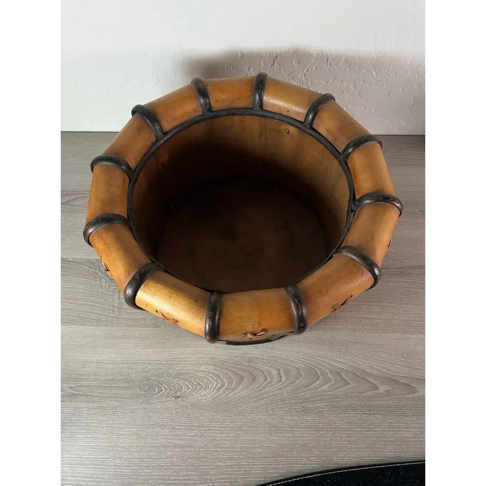 Vintage Rustic Wood & Leather Laced Basket Handcrafted Planter Bowl 16” Diameter
